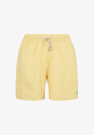 Shorts da bagno gialli realizzati in tessuto leggero, con una cintura elastica con cordino e un piccolo logo blu accento sul lato.
