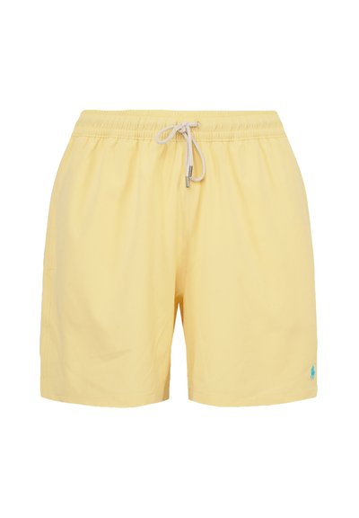 Shorts da bagno gialli realizzati in tessuto leggero, con una cintura elastica con cordino e un piccolo logo blu accento sul lato.