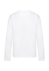 Weißes langärmliges T-Shirt aus Baumwolle mit einem runden Ausschnitt, das eine glatte Textur aufweist und keine sichtbaren Grafiken oder Muster hat.