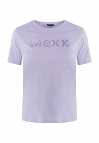 Fialové tričko s krátkým rukávem vyrobené z bavlny, s nápisem "MEXX" posetým třpytivými kamínky na prsou.