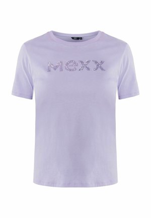 T-shirt lilas à manches courtes en coton, avec le mot "MEXX" en strass étincelants sur la poitrine.