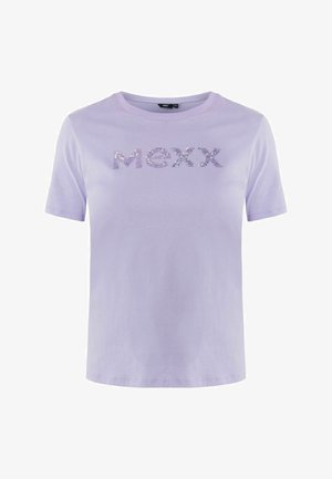 T-shirt lilas à manches courtes en coton, avec le mot "MEXX" en strass étincelants sur la poitrine.