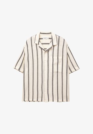 Kortebloemig overhemd met knopen in crème met donkere verticale strepen, voorzien van een enkele borstzak en een ontspannen kraagontwerp. Gestructureerde stof.