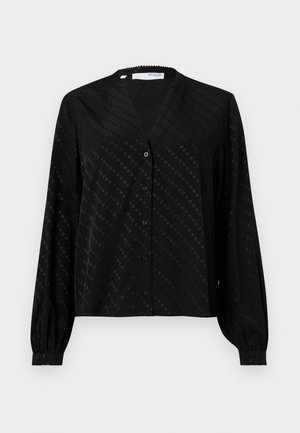 Schwarze Bluse aus glattem Stoff, mit V-Ausschnitt, langen Ärmeln, Knopfleiste und einem subtilen Punktmuster auf der Oberfläche.