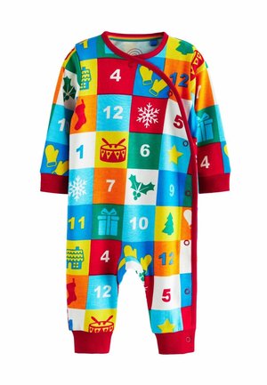 Combinaison bébé multicolore avec des icônes et des chiffres sur le thème de Noël disposés en motif damier, avec des bordures rouges et des boutons-pression.