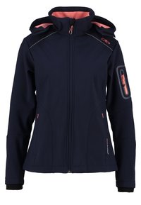 Veste zippée bleu marine pour femmes avec capuche, doublure intérieure rose, poches zippées sur le devant et la manche, et manches longues avec trous pour les pouces.