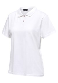 Wit polo-shirt met korte mouwen, twee knopen en een kraag, afgebeeld tegen een witte achtergrond.