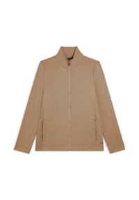 La giacca zip-up color beige presenta un col alto, maniche lunghe, tasche laterali e un pannello testurizzato sui lati. Tessuto morbido con un design minimal.