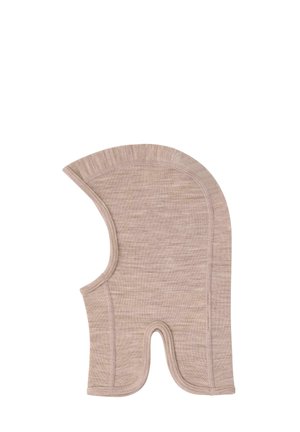 Blød beige strikket balaclava med åbning til ansigtet, designet til at dække hoved, nakke og en del af skuldrene.