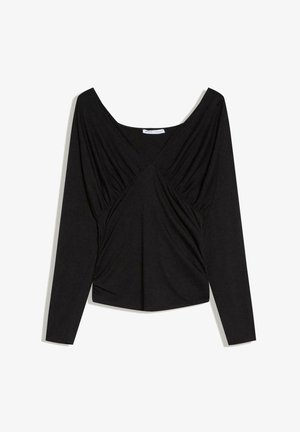 Black long-sleeve blouse with deep V-neck, gathered fabric details on front and sides, and fitted waist on white background.