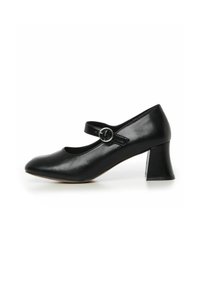 Zapato Mary Jane de cuero negro con punta redonda, correa simple con hebilla circular y tacón cuadrado. Textura suave, diseño elegante.
