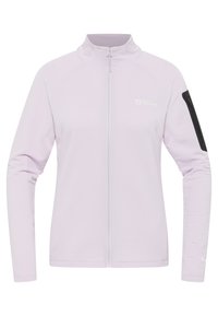 Lichtpaarse zip-up jack met hoge kraag, geribbelde textuur en een zwarte zak op de linkermouw. Bevat een logo op de borst.