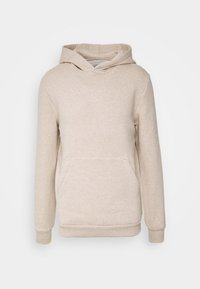 Sudadera beige con capucha, de mangas largas, bolsillo frontal y un pequeño logo de colgador. Textura suave, corte casual y puños acanalados.