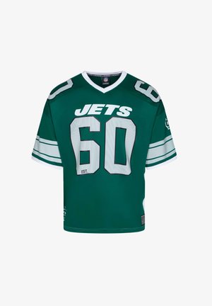 Green football jersey featuring "JETS" in white lettering, number "60" with mesh details, v-neck, and white accents on the sleeves.