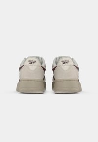 Beige un bordo Reebok sporta apavi, redzami no aizmugures uz vienkārša balta fona.