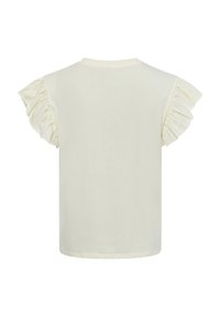 Helles, gelbes T-Shirt mit kurzen Ärmeln, das Rüschendetails an den Schultern, einen runden Ausschnitt und einen geraden Saum aufweist. Weicher Stoff.