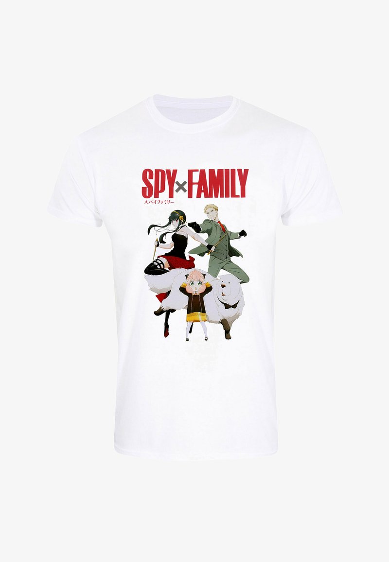 Bílý bavlněný tričko s barevným grafickým potiskem tří postav z "Spy x Family" a s tučným červeným textem nahoře.