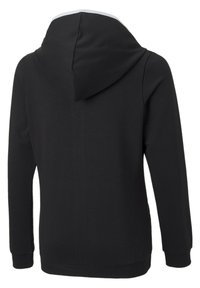 Sudadera con capucha negra que presenta mangas largas, un diseño minimalista, puños acanalados y una textura suave. Líneas limpias, sin patrones visibles.