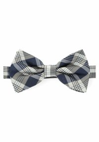 Krawat w kształcie muszki w kratkę w kolorach granatowym, szarym i białym. Charakteryzuje się symetrycznym kształtem i teksturowaną tkaniną z wyraźnymi wzorami w kratę.