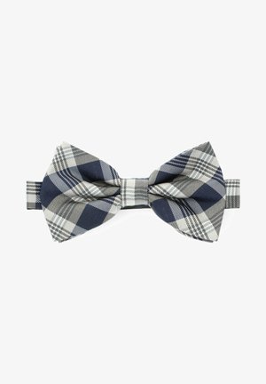 Krawat w kształcie muszki w kratkę w kolorach granatowym, szarym i białym. Charakteryzuje się symetrycznym kształtem i teksturowaną tkaniną z wyraźnymi wzorami w kratę.