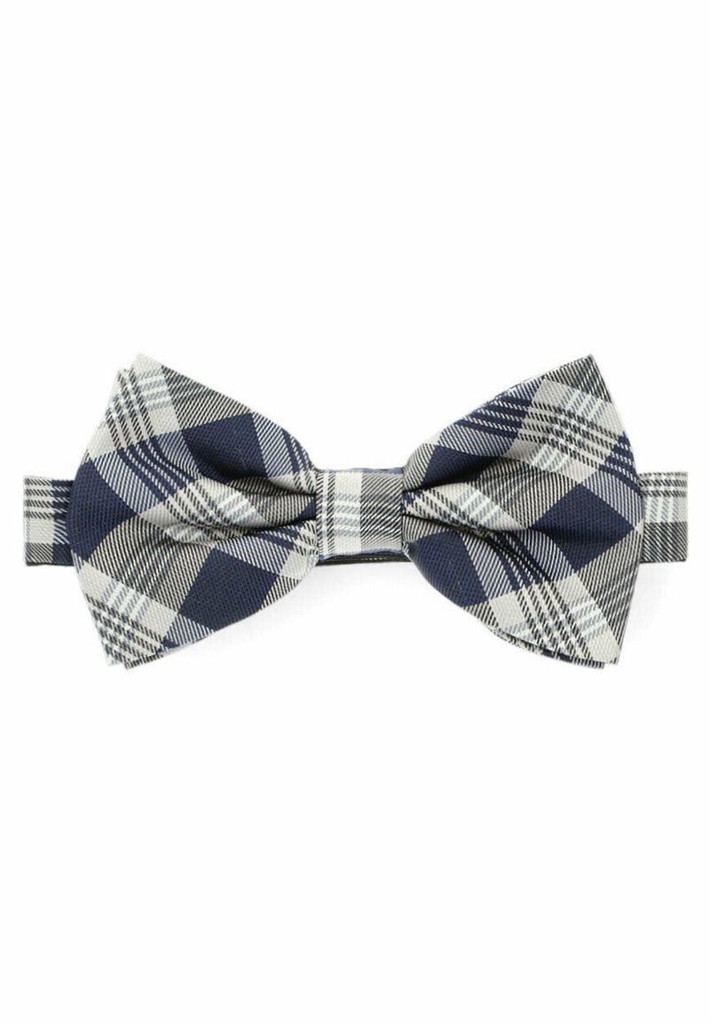 Krawat w kształcie muszki w kratkę w kolorach granatowym, szarym i białym. Charakteryzuje się symetrycznym kształtem i teksturowaną tkaniną z wyraźnymi wzorami w kratę.