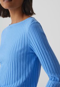 Lichtblauw geribd shirt met lange mouwen en een ronde halslijn. De stof is zacht met een textuur van verticale strepen.