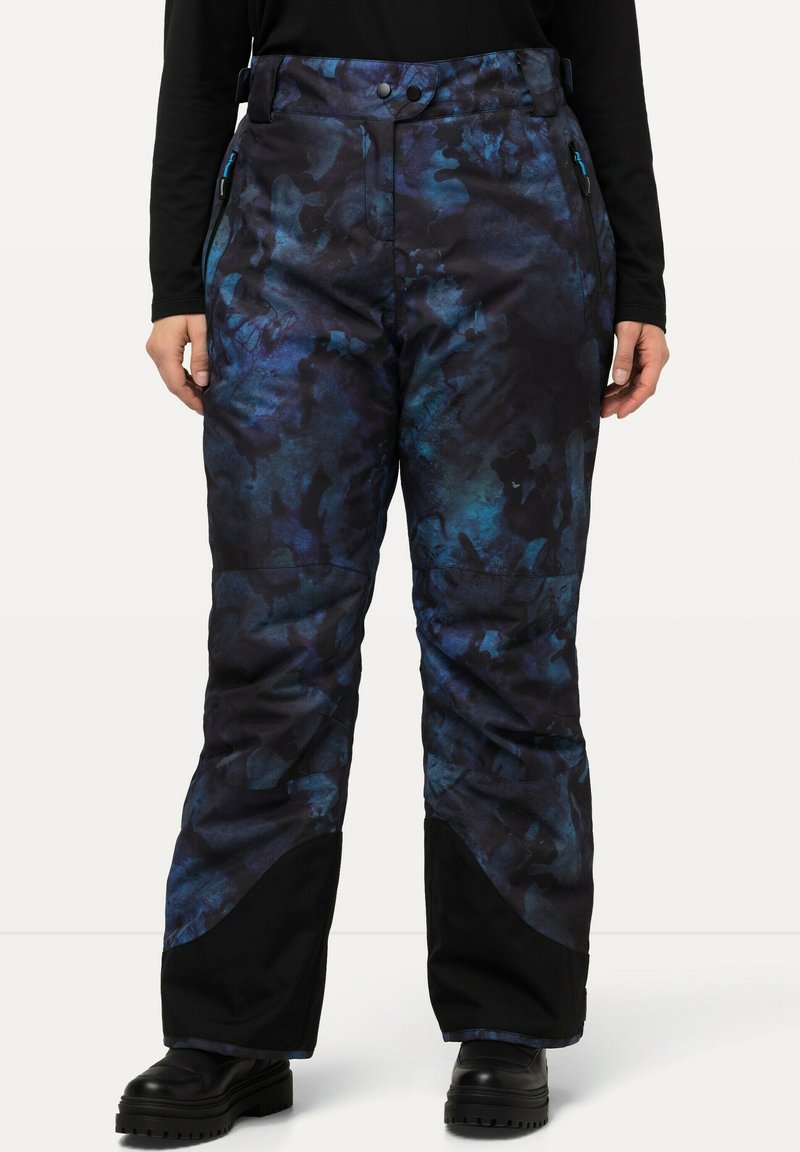 Zwarte en blauwe gestreepte skibroek met een losse pasvorm, ritszakken aan de zijkant en versterkte boorden. Gemaakt van duurzame, weerbestendige stof.