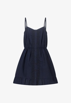Marineblaues ärmelloses Kleid mit dünnen Trägern, Knopfleiste vorne, taillierter Taille und Spitzenverzierung auf beiden Seiten der Knöpfe.