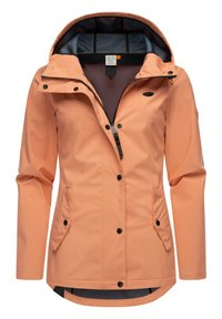 Peach waterproof jacket with a hood, featuring a zippered front, black snap buttons, side pockets, and a contrasting navy lining.