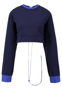 Granatowa krótka bluza z długimi rękawami, kontrastowymi niebieskimi mankietami i sznurkiem przy dolnym brzegu. Gładka faktura materiału.