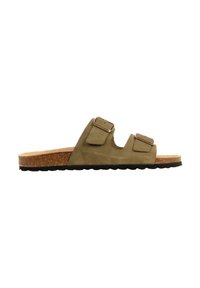 Sandale mule en suède marron avec deux brides ajustables à boucles, semelle intérieure en liège et semelle extérieure noire texturée, vue de profil.