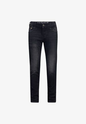 Schwarze Jeans aus Denim mit schlanker Passform, ausgestattet mit einem Reißverschluss und Knopfverschluss, fünf Taschen und dezenten Verbleichungen auf der Vorderseite.