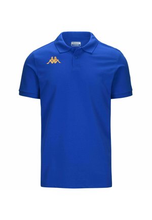 Polo blu in cotone con colletto classico, maniche corte e logo arancione sul petto sinistro. Texture liscia.