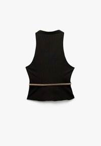 Schwarze, ärmellose Weste mit vertikalen Nadelstreifen und schmaler Passform. Sie verfügt über einen strukturierten, synthetischen Ledergürtel in der Taille zur Betonung.