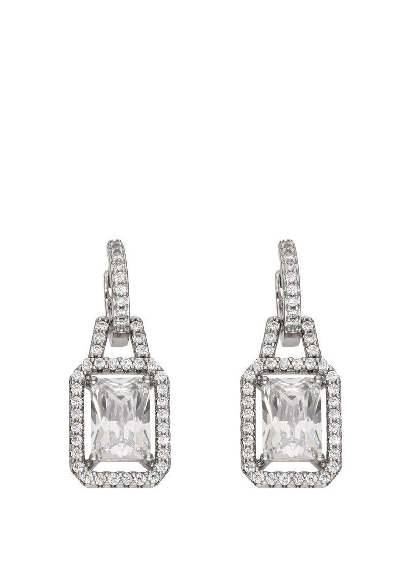 Pendientes rectangulares transparentes con gemas translúcidas brillantes, enmarcados en plata con pequeños acentos brillantes alrededor de los bordes.