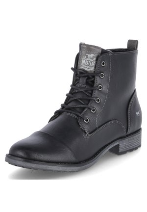 Black leather ankle boot with a rounded toe, lace-up front, and textured gray details. Features a low heel and subtle logo on the side.