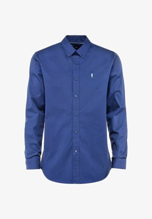 Granatowa koszula zapinana na guziki z mieszanki bawełny, z długimi rękawami, klasycznym kołnierzykiem, z małym jasnoniebieskim logo na piersi.