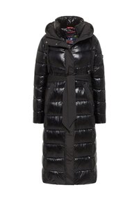 Black puffer coat with a glossy finish, hood, belted waist, and quilted texture. Features snap buttons and a colorful interior lining.