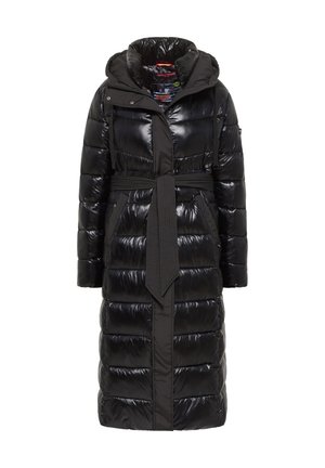 Black puffer coat with a glossy finish, hood, belted waist, and quilted texture. Features snap buttons and a colorful interior lining.