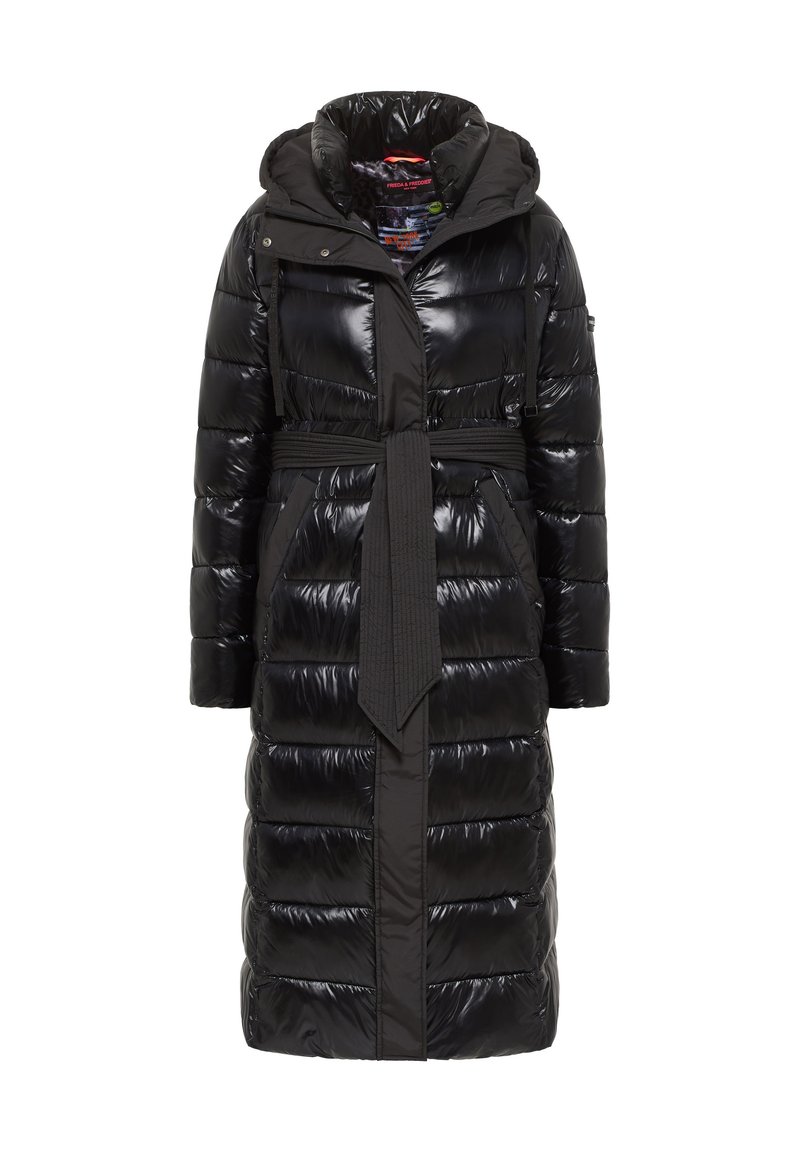 Black puffer coat with a glossy finish, hood, belted waist, and quilted texture. Features snap buttons and a colorful interior lining.