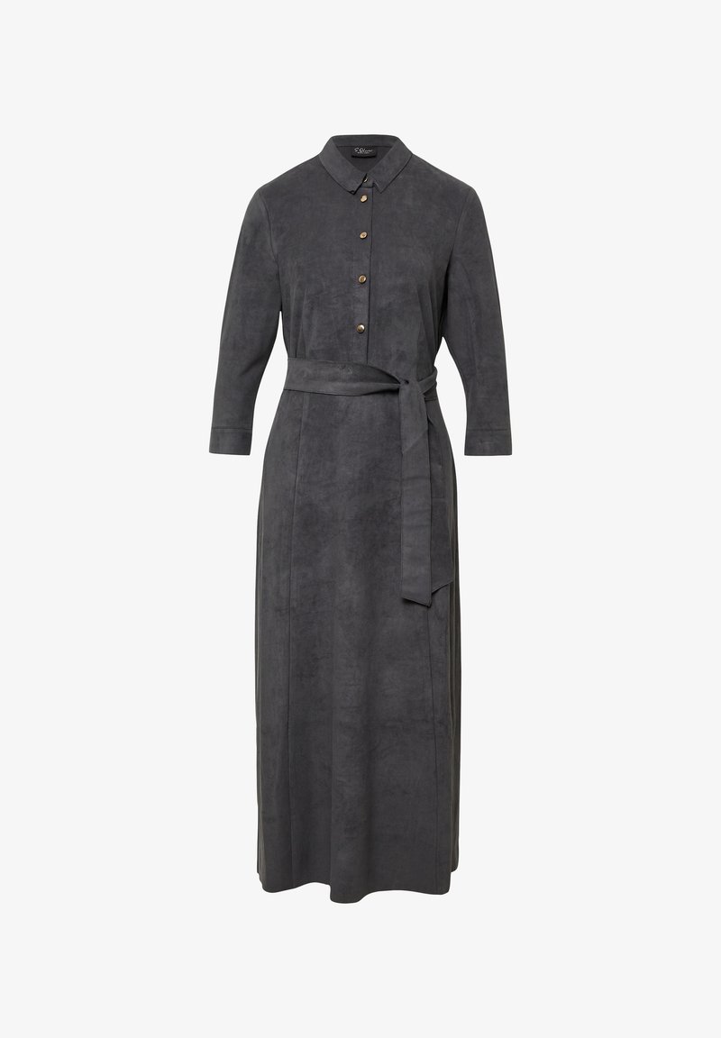 Abito lungo in suede grigio scuro con maniche a tre quarti, chiusura frontale con bottoni, colletto e cintura coordinata in vita.