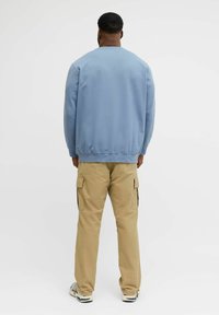 Blå genser med rund hals og ribbet kant, kombinert med beige cargobukser med sidelommer. Casual passform.