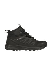 Schwarze wasserdichte mittelhohe Wanderschuhe aus Mesh- und Synthetikmaterial, mit einer strukturierten Oberseite, verstärktem Absatz und einer robusten Gummisohle.
