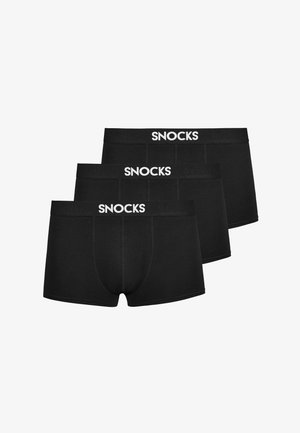 Three black men's boxer briefs stacked, each with a visible white "SNOCKS" logo on the waistband.