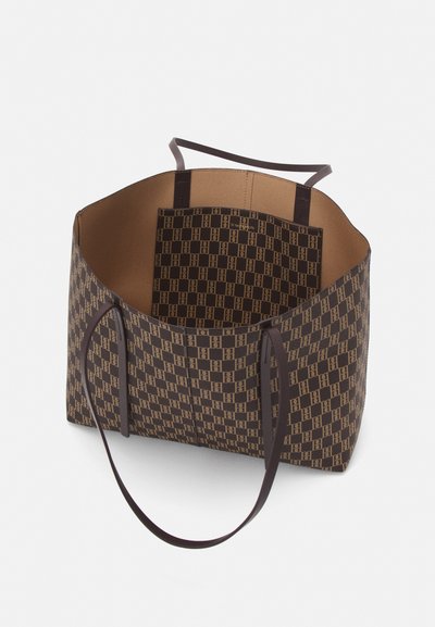 Brown patterned tote bag with a checkered design, interior in light brown, two long handles, and open top for accessibility.
