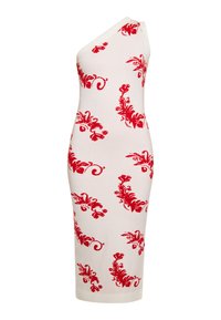 Een one-shoulder, aansluitende jurk in crème stof met rode bloemenpatroon details, knielang, met een gladde textuur en een effen kleur zoom.