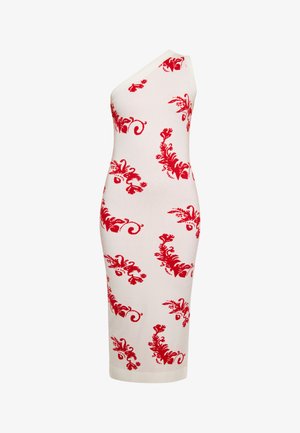 Rochie ajustată, cu o singură umăr, dintr-un material crem cu detalii florale roșii, până la genunchi, textură netedă și tiv într-o culoare solidă.