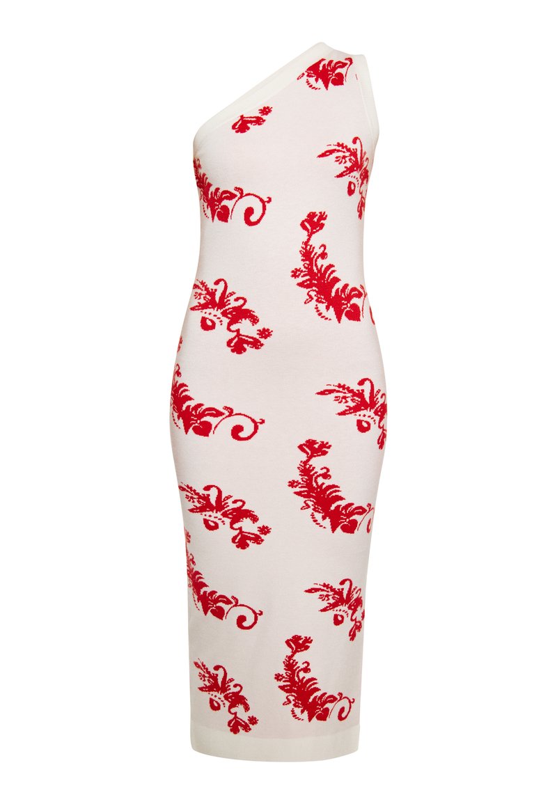 Een one-shoulder, aansluitende jurk in crème stof met rode bloemenpatroon details, knielang, met een gladde textuur en een effen kleur zoom.
