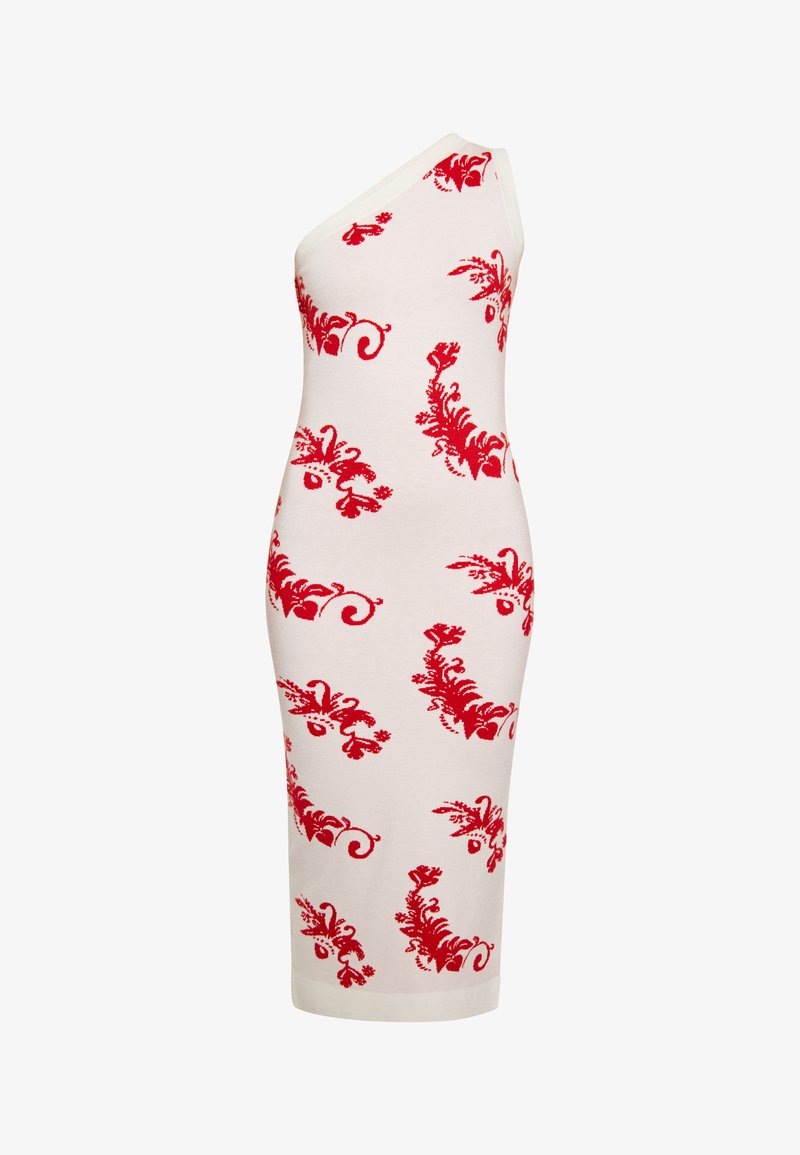 Félvállas, testhezálló ruha krémszínű anyagból, piros virágmintás részletekkel, térdígy érő, sima textúrájú, egyszínű szegéllyel.