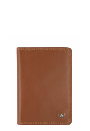 Brown leather wallet with visible stitching and a small silver metal logo in the lower right corner on a white background.